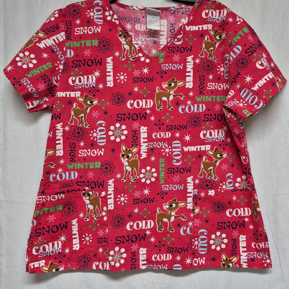 Rudolph The Red Nosed Reindeer Christmas Holiday Winter Scrub Top M  Pockets A1